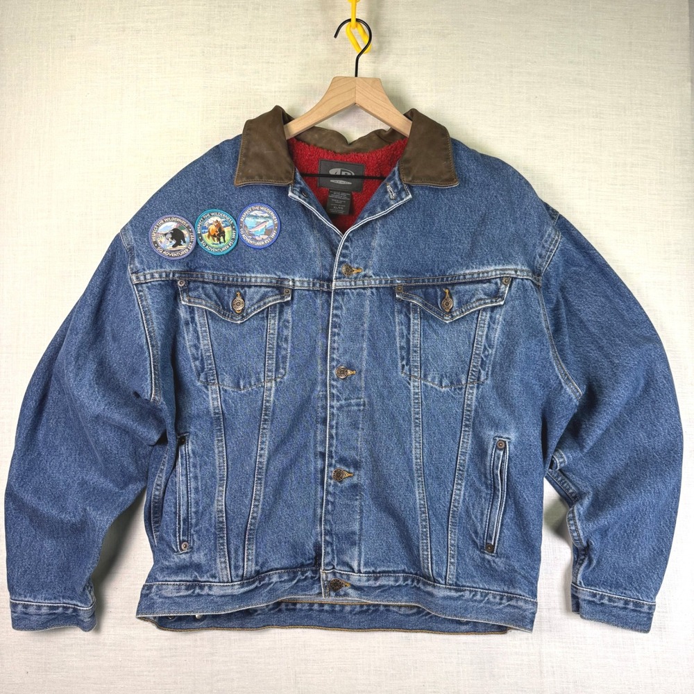 VTG ID Wear Denim Jacket XL Men Sherpa Lined Trucker Blue Leather Collar Patches